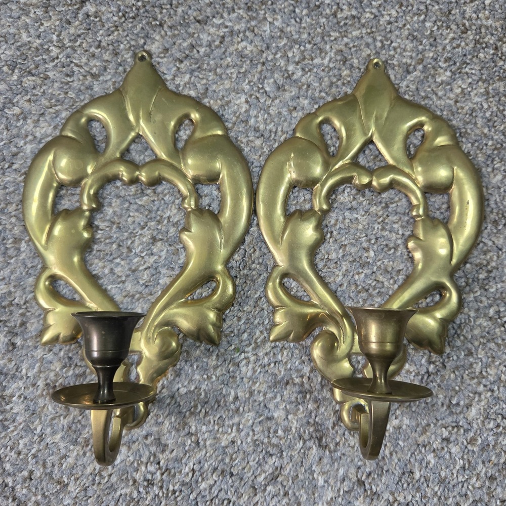 Vintage Brass Wall Sconces Pair Scroll Leaf Candle Holders Hollywood Regency Set